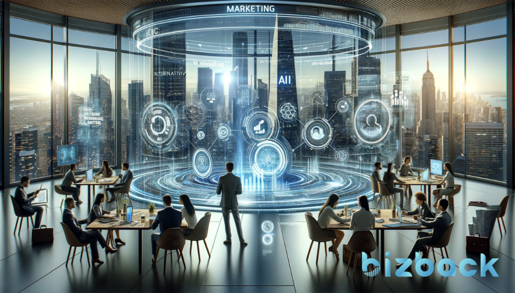 A modern marketing office in a futuristic cityscape, showcasing an interactive digital workspace with advanced AI technology.